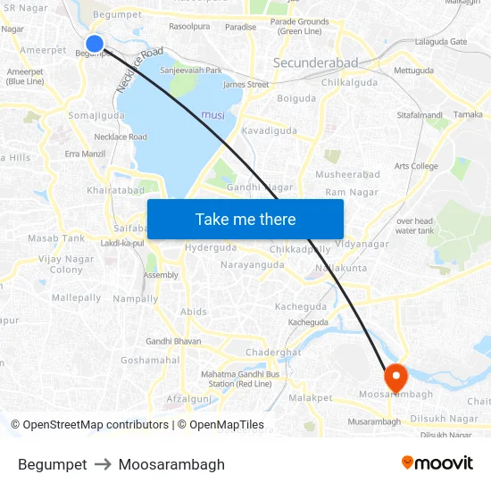 Begumpet to Moosarambagh map