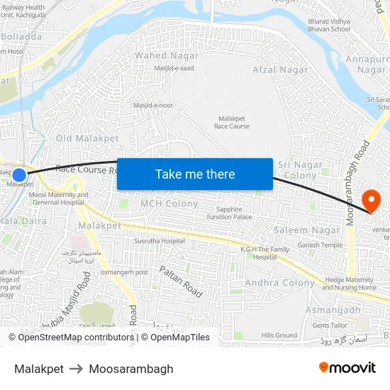 Malakpet to Moosarambagh map