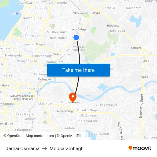 Jamai Osmania to Moosarambagh map