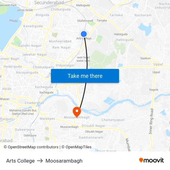 Arts College to Moosarambagh map