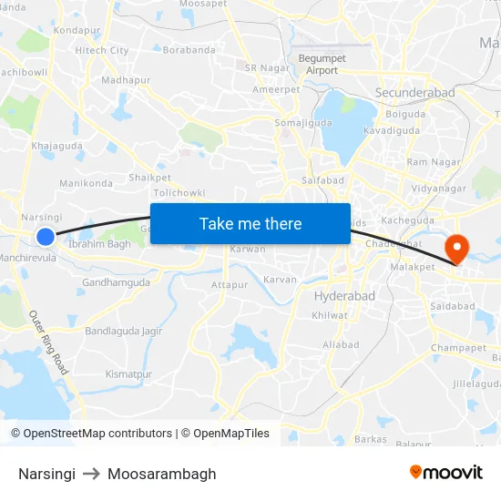 Narsingi to Moosarambagh map