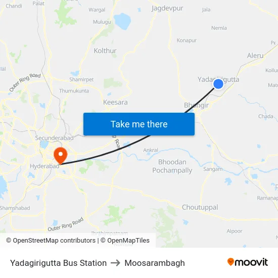 Yadagirigutta Bus Station to Moosarambagh map