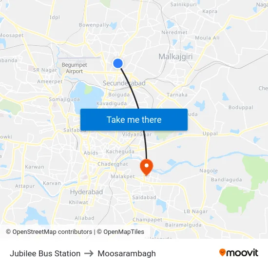 Jubilee Bus Station to Moosarambagh map