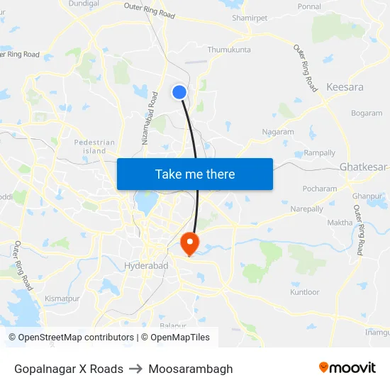 Gopalnagar X Roads to Moosarambagh map