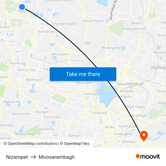 Nizampet to Moosarambagh map