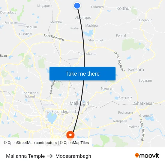 Mallanna Temple to Moosarambagh map