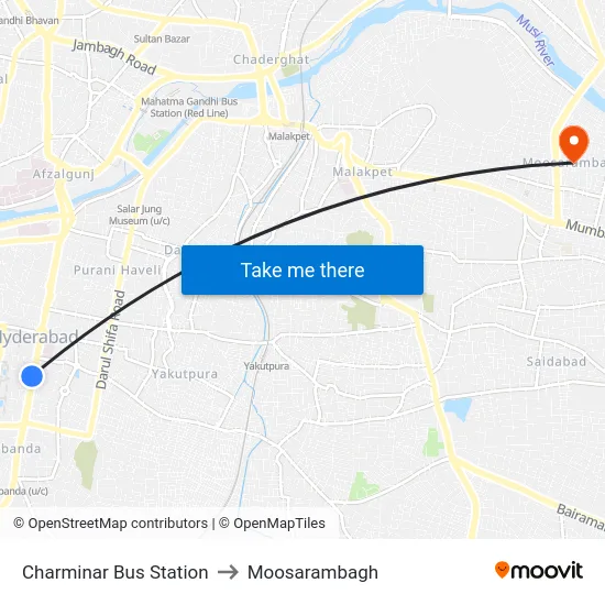 Charminar Bus Station to Moosarambagh map
