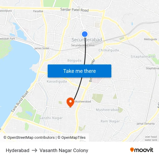 Hyderabad to Vasanth Nagar Colony map