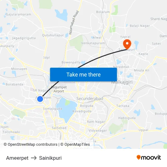 Ameerpet to Sainikpuri map