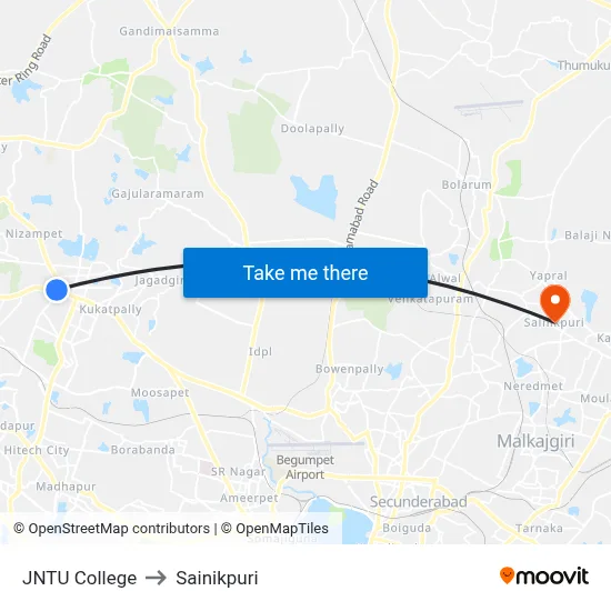 JNTU College to Sainikpuri map