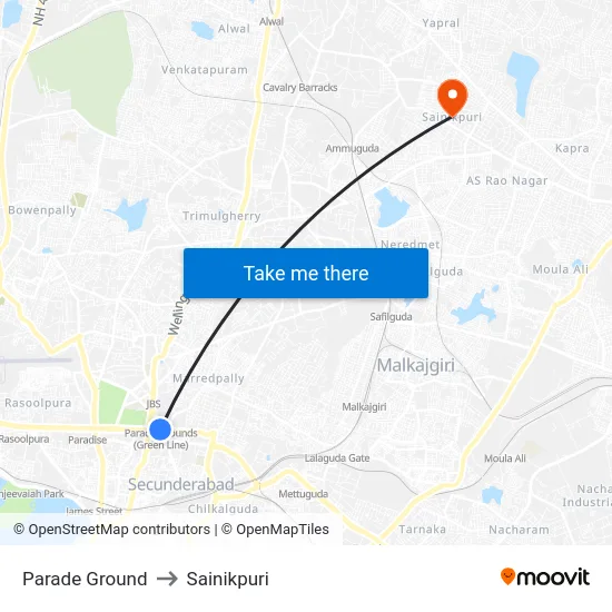 Parade Ground to Sainikpuri map