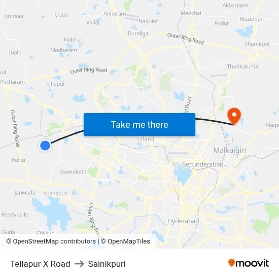 Tellapur X Road to Sainikpuri map