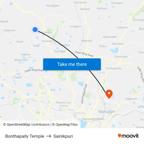 Bonthapally Temple to Sainikpuri map