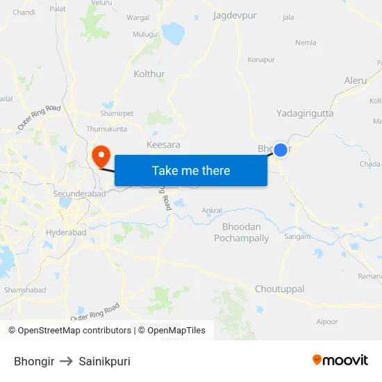 Bhongir to Sainikpuri map