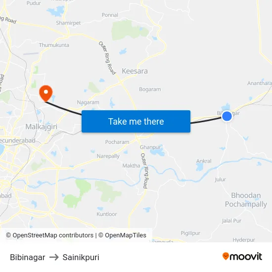 Bibinagar to Sainikpuri map