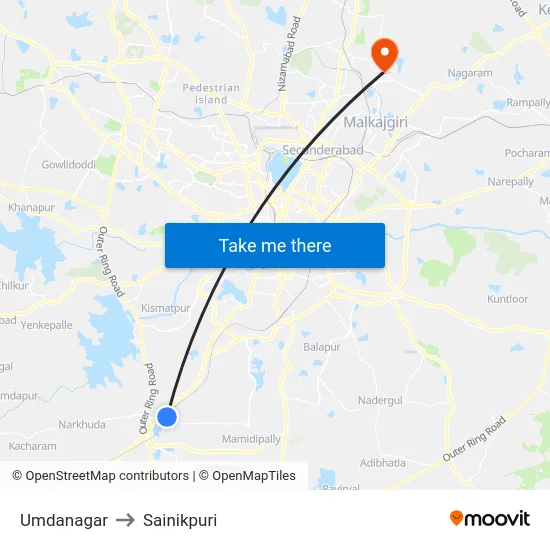 Umdanagar to Sainikpuri map