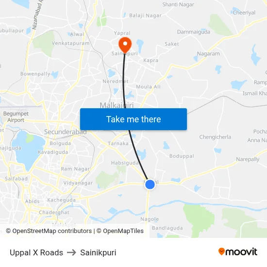 Uppal X Roads to Sainikpuri map
