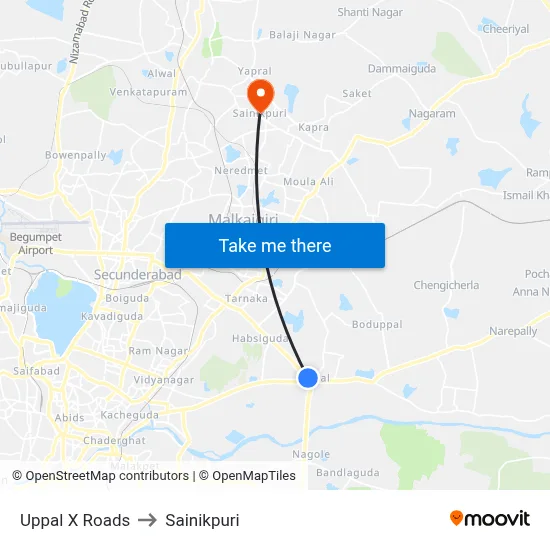 Uppal X Roads to Sainikpuri map