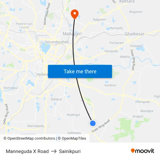 Manneguda X Road to Sainikpuri map