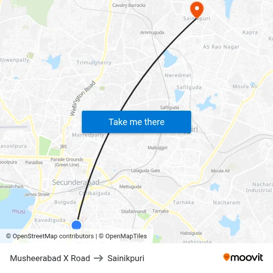 Musheerabad X Road to Sainikpuri map