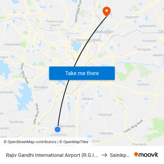 Rajiv Gandhi International Airport (R.G.I.A) to Sainikpuri map