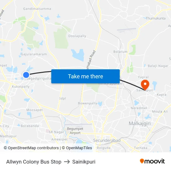 Allwyn Colony Bus Stop to Sainikpuri map
