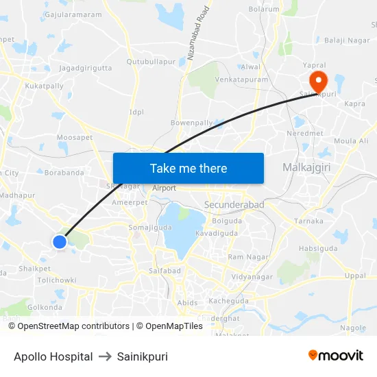 Apollo Hospital to Sainikpuri map