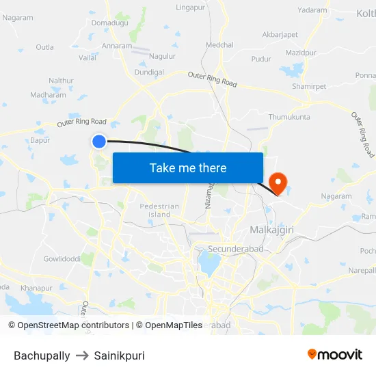 Bachupally to Sainikpuri map