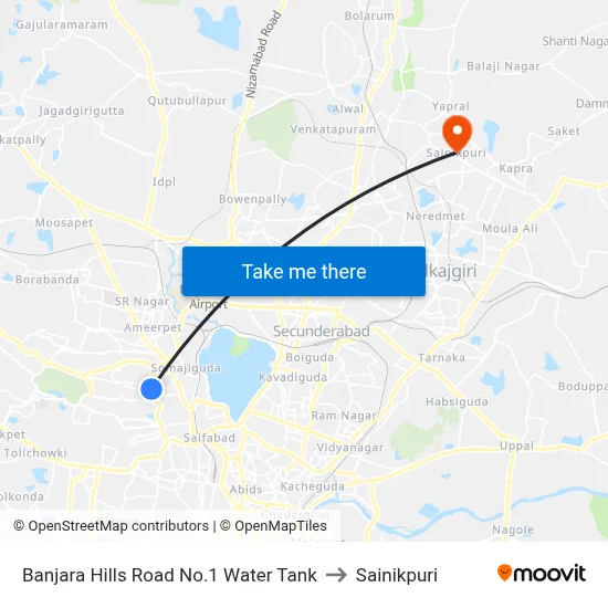 Banjara Hills Road No.1 Water Tank to Sainikpuri map