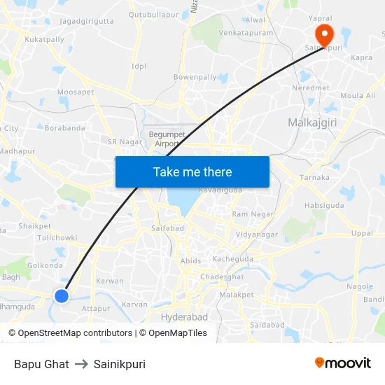 Bapu Ghat to Sainikpuri map