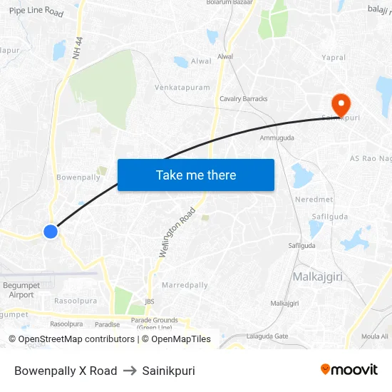 Bowenpally X Road to Sainikpuri map