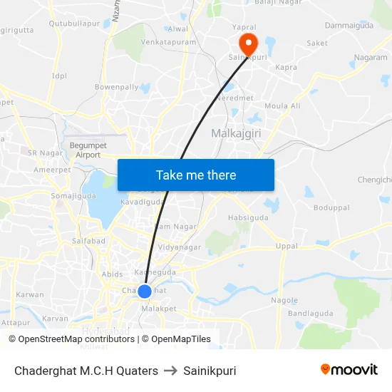 Chaderghat M.C.H Quaters to Sainikpuri map