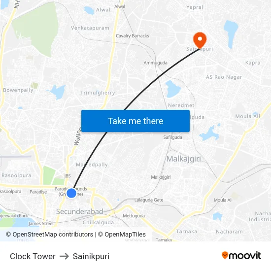 Clock Tower to Sainikpuri map