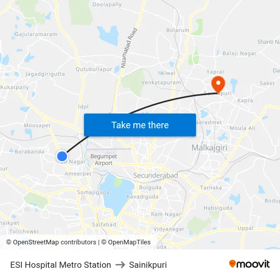 ESI Hospital Metro Station to Sainikpuri map