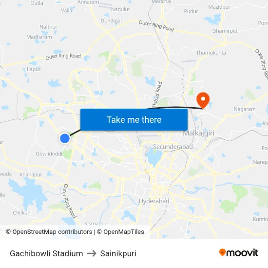 Gachibowli Stadium to Sainikpuri map