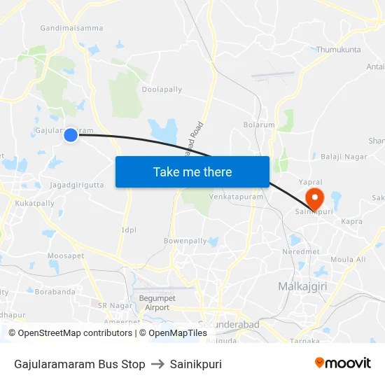 Gajularamaram Bus Stop to Sainikpuri map