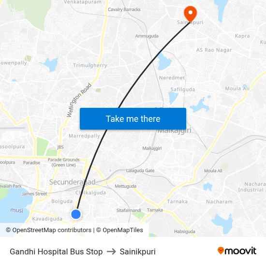 Gandhi Hospital Bus Stop to Sainikpuri map