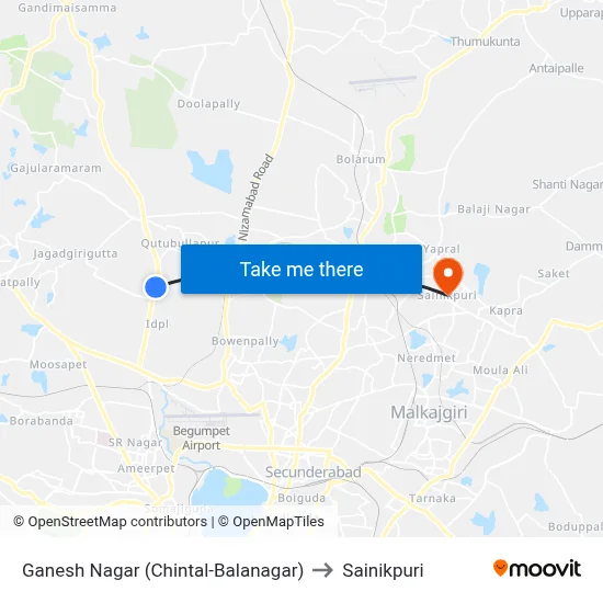 Ganesh Nagar (Chintal-Balanagar) to Sainikpuri map