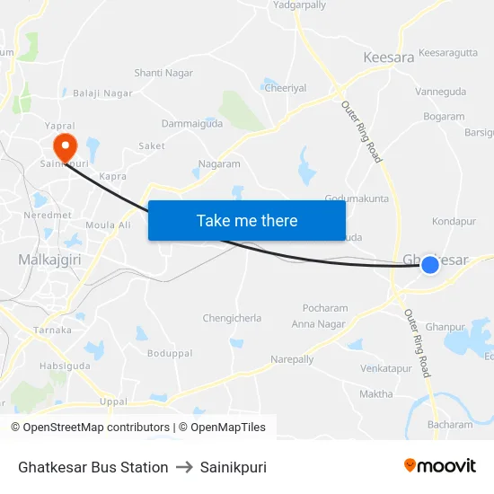 Ghatkesar Bus Station to Sainikpuri map