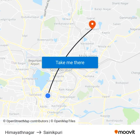 Himayathnagar to Sainikpuri map