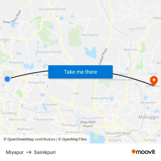 Miyapur to Sainikpuri map