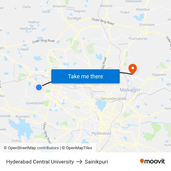 Hyderabad Central University to Sainikpuri map