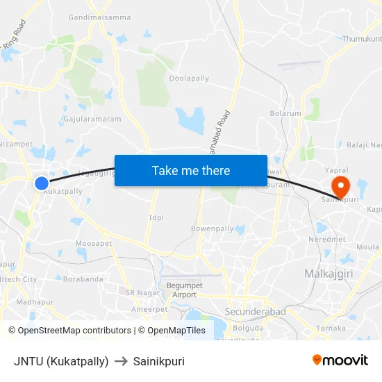 JNTU (Kukatpally) to Sainikpuri map