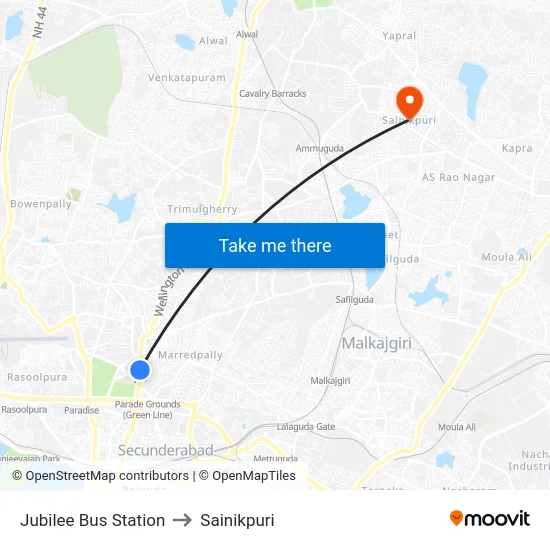 Jubilee Bus Station to Sainikpuri map