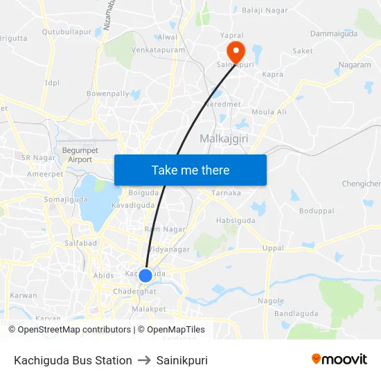 Kachiguda Bus Station to Sainikpuri map