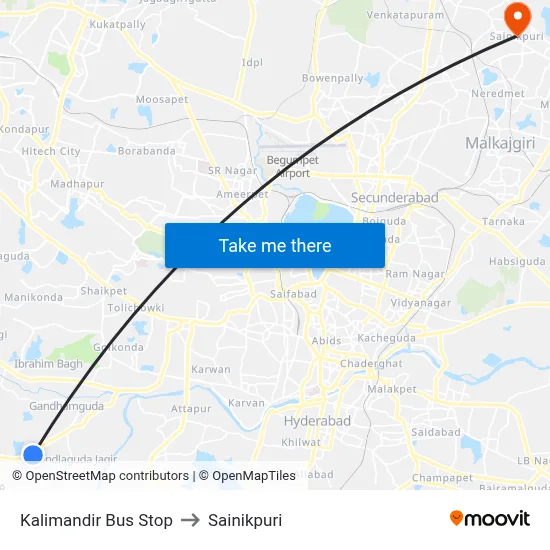 Kalimandir Bus Stop to Sainikpuri map