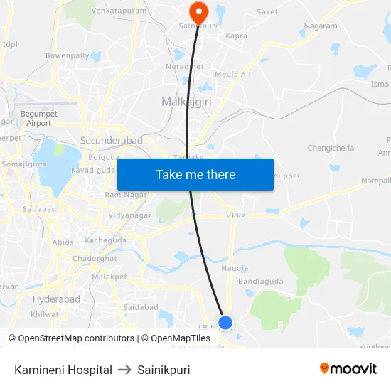 Kamineni Hospital to Sainikpuri map