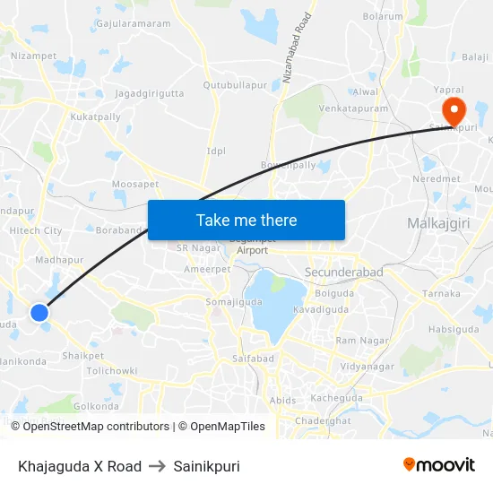 Khajaguda X Road to Sainikpuri map