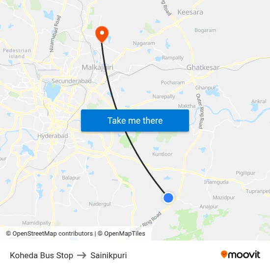 Koheda Bus Stop to Sainikpuri map
