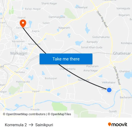 Korremula 2 to Sainikpuri map